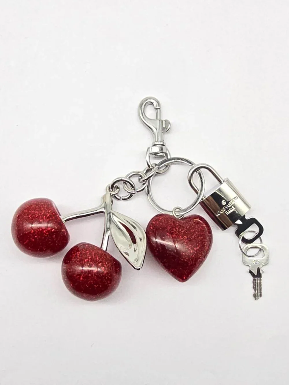 Authentic Louis Vuitton Silver Padlock with Unbranded Red Cherry Charm